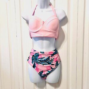 High Waist Tropical Leaf 2 PC Bikini-Medium-Swimsuit-Push Up Top-Tummy Cover
